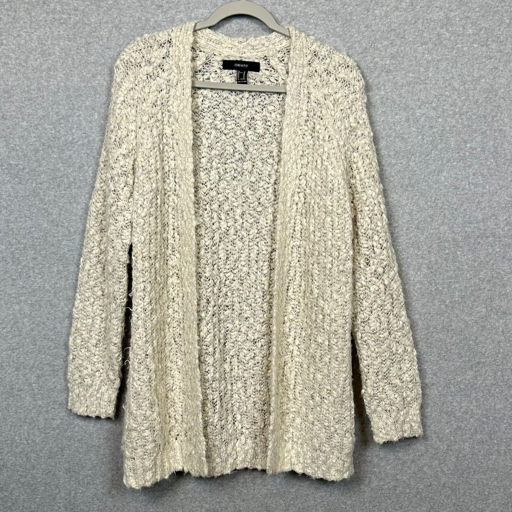 Forever 21 Duster Cardigan Womens M Ivory Open Chunky Boucle Knit‎ Sweater Long
